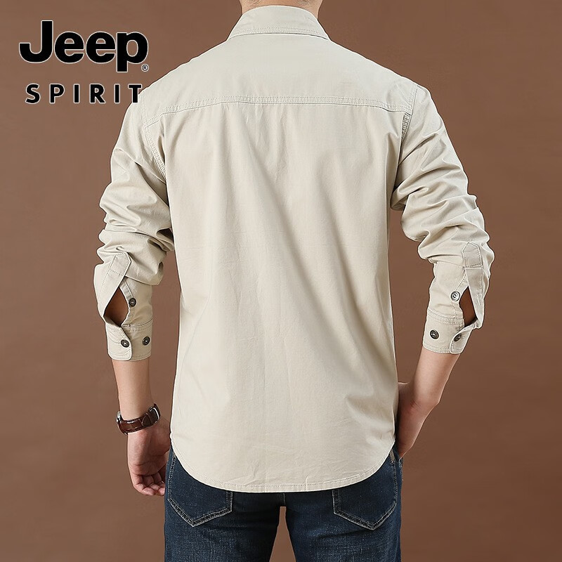 吉普(JEEP)男士休闲宽松长袖衬衫25春秋新款大码棉纯色中青年衬衣 1388军绿色 175/L