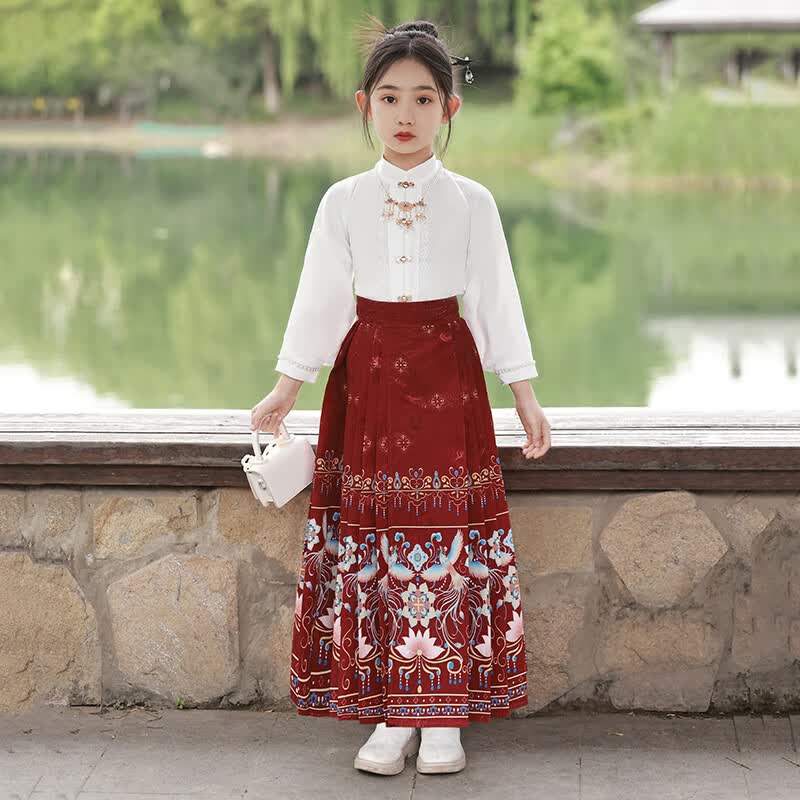 2023中国风古装马面裙套装小女孩薄款汉服裙夏季明制唐装 酒红色【长袖衬衫+单独马面裙】 150cm高性价比高么？