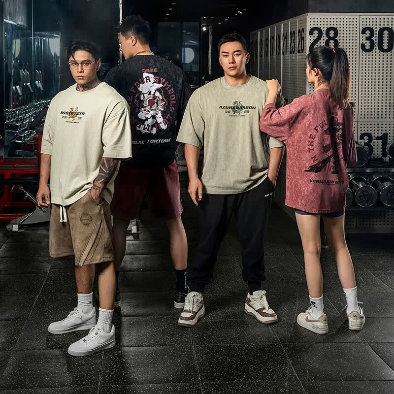 鹿家门夏季新款四大神兽2.0运动T恤男健身肌肉训练服大码宽松短袖 红色 2XL （推荐180-220斤）