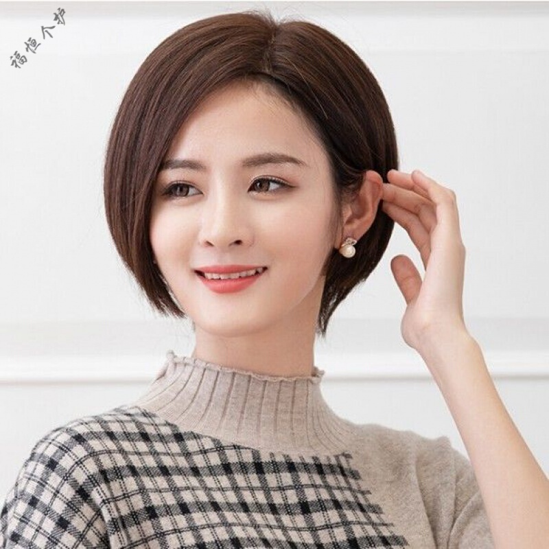 假发女短发仿蓬松修脸波波头中分偏分圆脸短直发全头套 深棕色