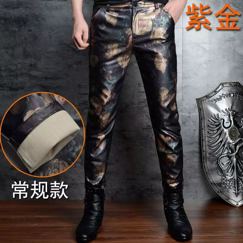 亚永凌秋冬男士皮裤加绒加厚修身小脚迷彩印花裤子男潮发型师个性皮靴