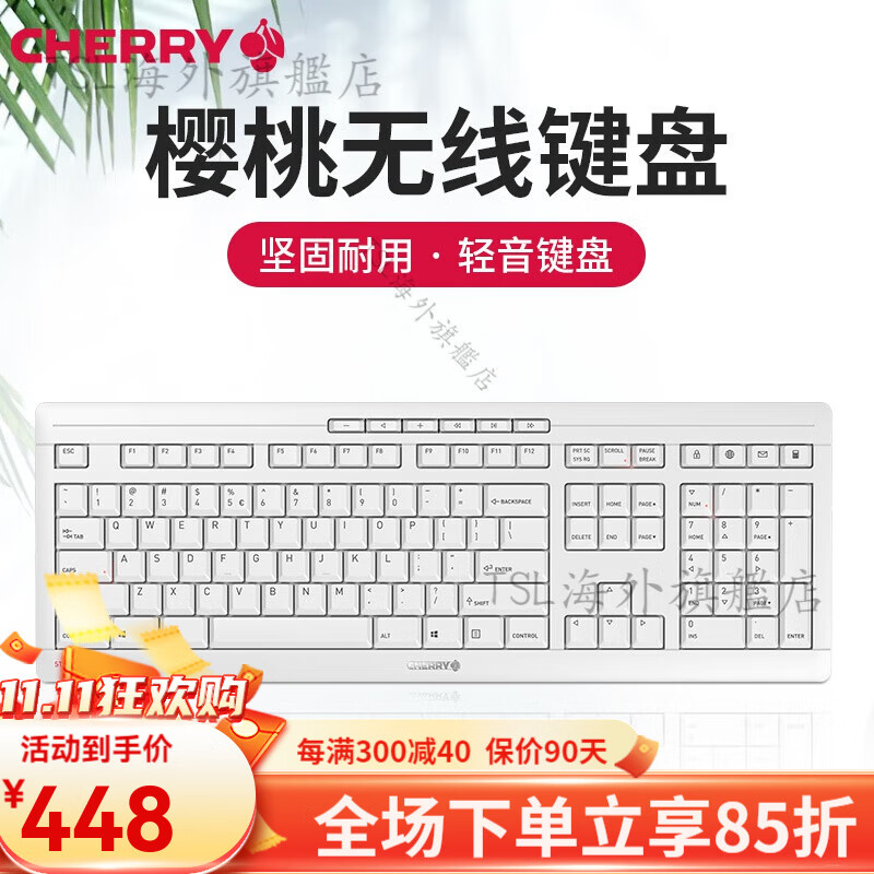 CHERRY樱桃无线键盘办公薄膜笔记本台式电脑通用外接打字静音键盘 STREAM 无线键盘 【白色】 官方标配