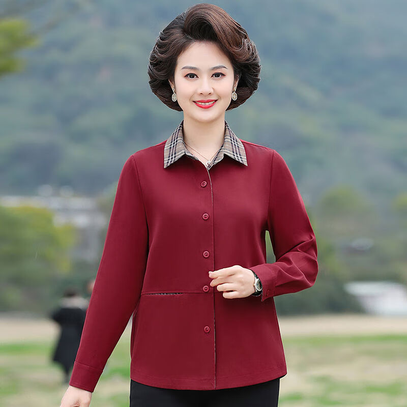 恬钦女衬衫长袖高档的品牌休闲衬衫女上衣中年女装春秋新 酒红色 xl