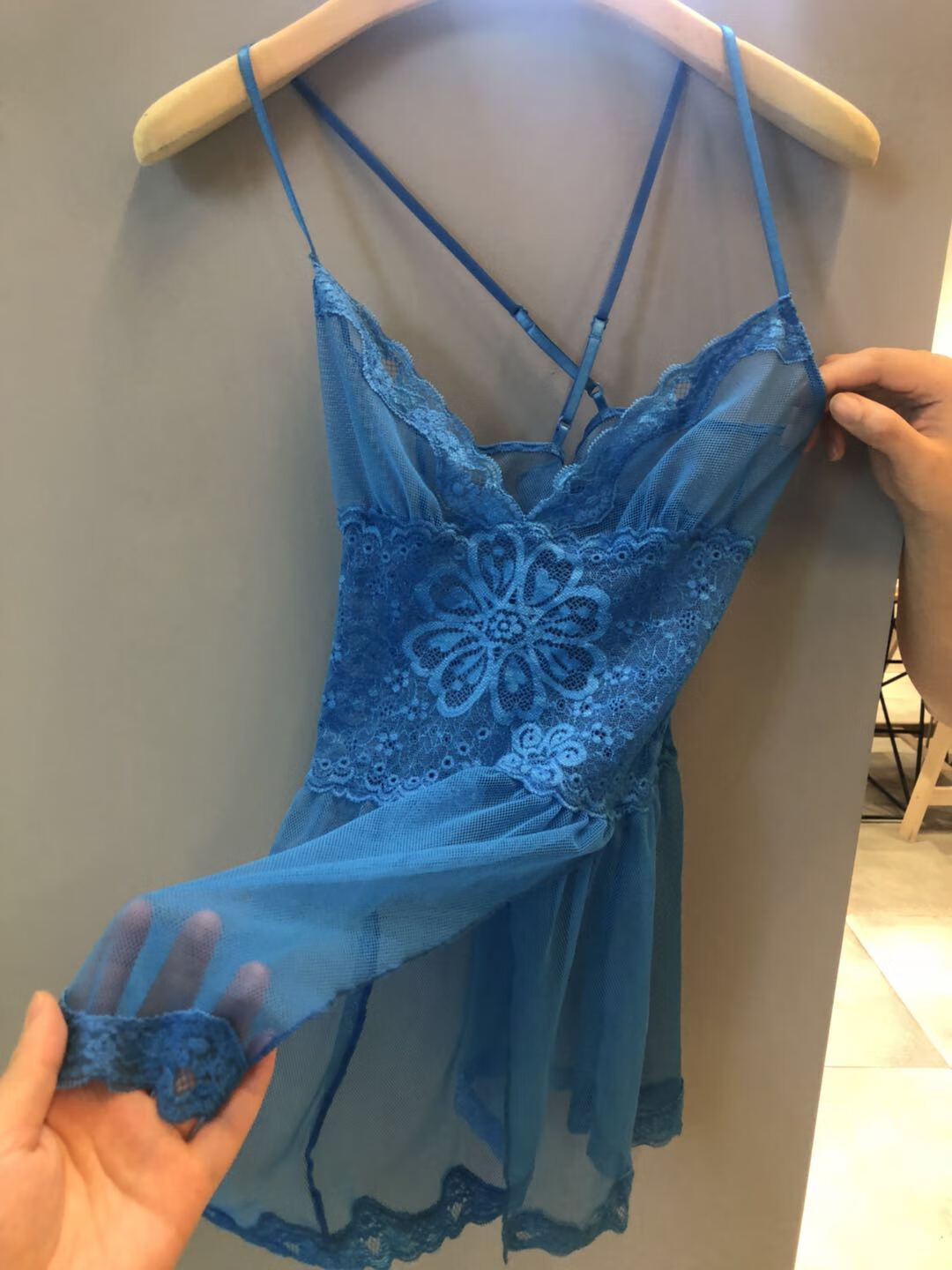 sandrac lynn*性感诱惑蓝色透明超薄睡裙美背蕾丝小码睡衣女吊带 蓝色