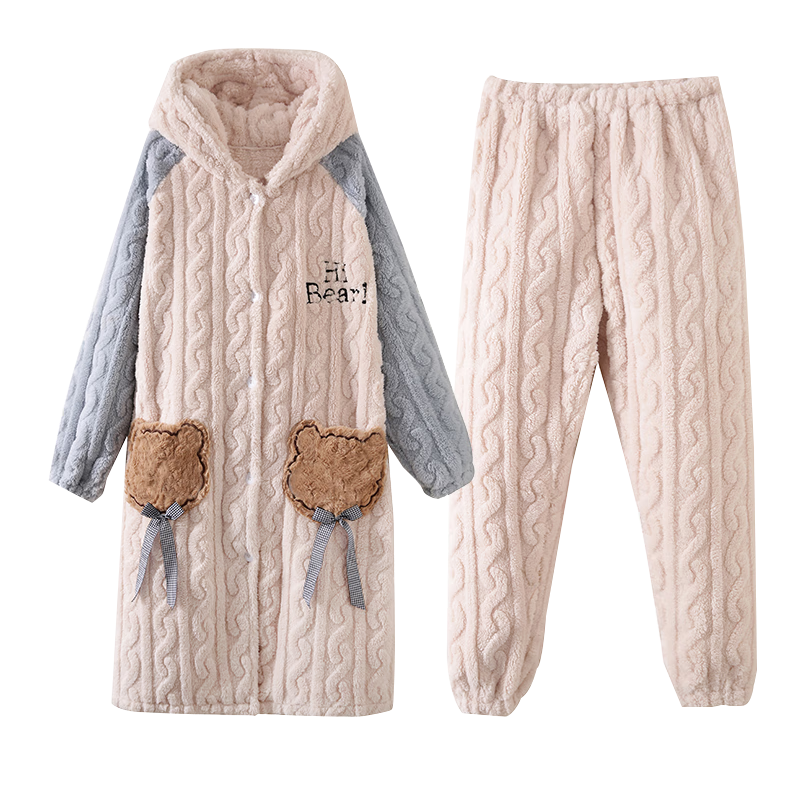 俞兆林(YUZHAOLIN)睡衣女冬25秋冬新款睡袍加絨加厚珊瑚絨浴袍女士卡通家居服套裝 NSMXJ-CRWK189(睡袍+長褲套裝) M (建議80-100斤)