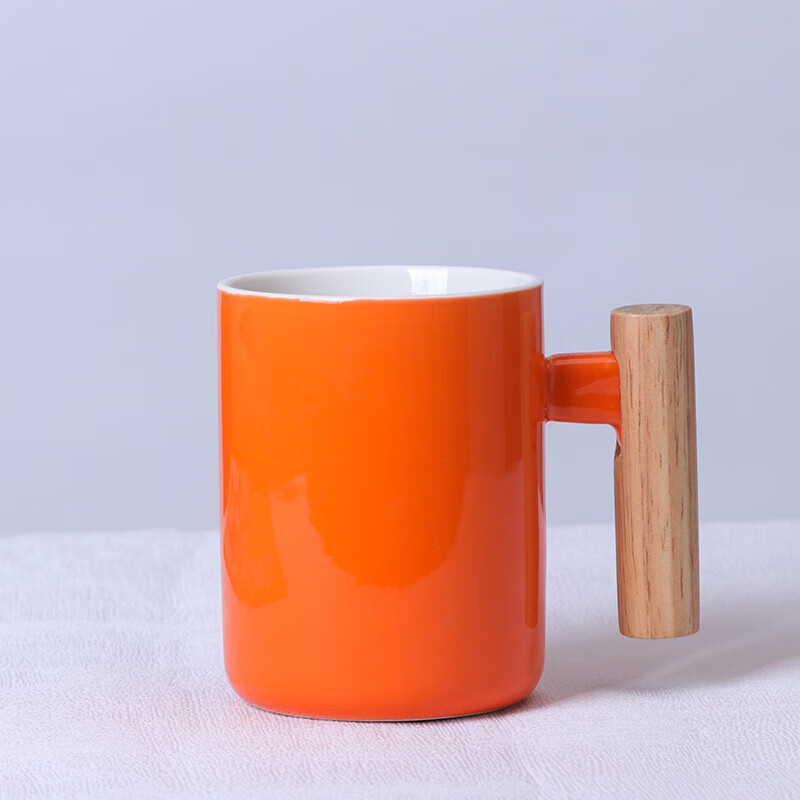 雏苞ins北欧陶瓷马克杯创意木手柄杯简约文艺水杯咖啡牛奶杯广告礼品 橙杯 301-400ml
