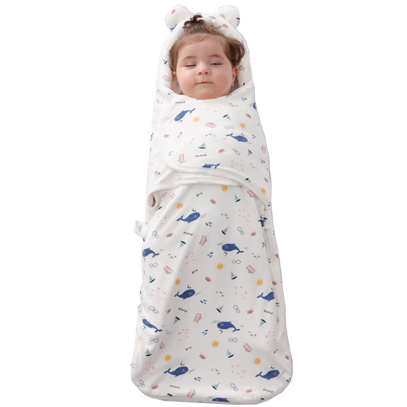 安舒棉嬰兒紗布襁褓睡袋防驚跳春秋冬款襁褓巾四季新生兒防踢被寶寶包巾 小鯨魚(yú)（護頭雙層）室溫15-25℃ M碼（適合體重10-20斤）