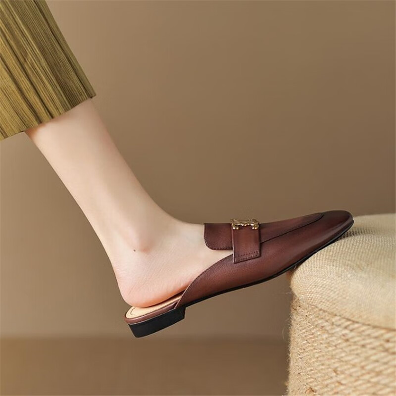 半拖鞋女外穿夏穆勒鞋真皮凉拖懒人复古凯旋门半托乐福鞋大码 棕色 35