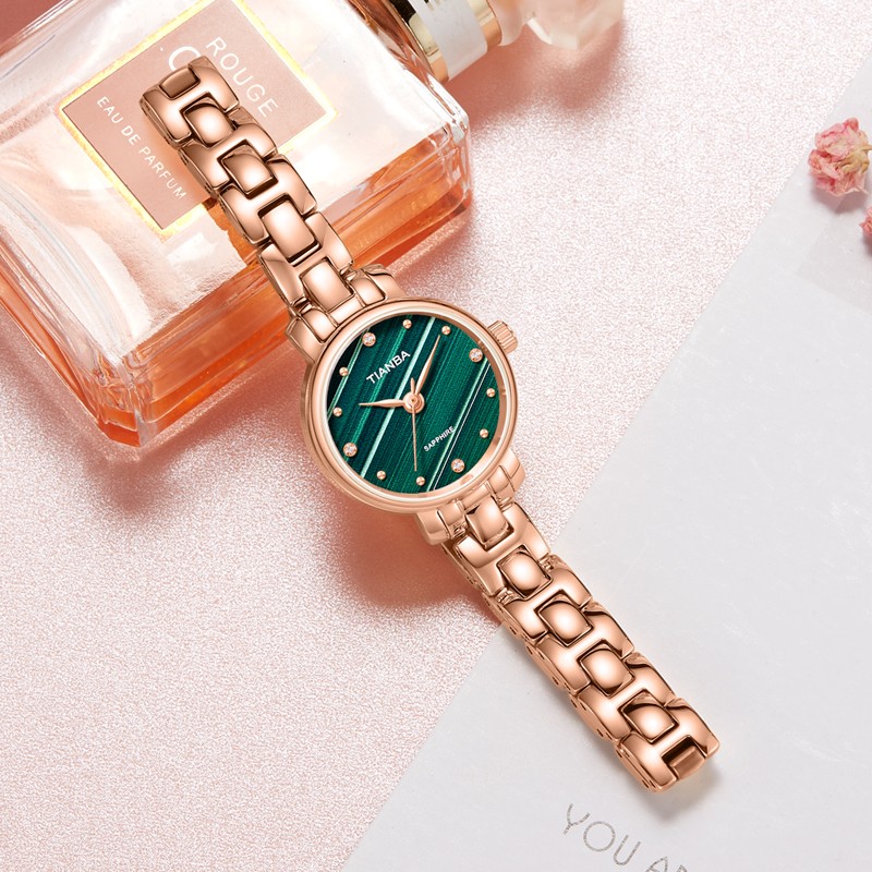 天霸石英手表女ins风小绿表轻奢时尚手链表防水女表7023 玫瑰金绿色