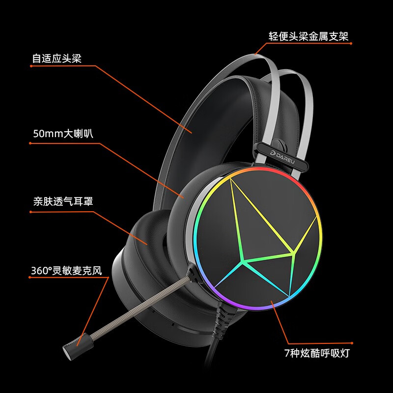 达尔优(dareu) EH722pro专业版 游戏耳机 耳机头戴式 降噪耳机 线控 游戏/原声模式 虚拟7.1声道 RGB 黑色