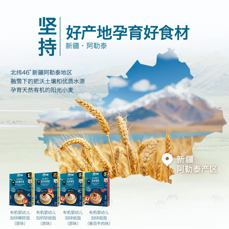 禾泱泱有机婴幼儿面条营养辅食无添加食用盐6个月以上二价铁宝宝面条 1阶新疆小麦有机二价铁嫩碎面