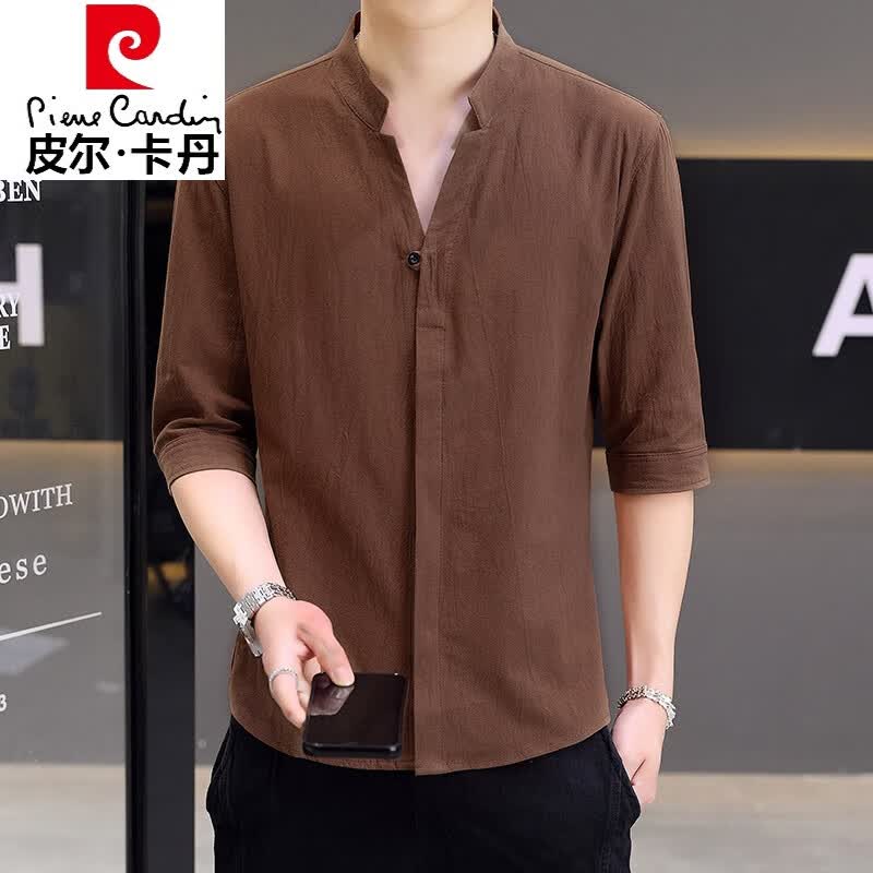 品牌男装 七分袖衬衫男士休闲半开领t恤大码薄款7分袖v领衬衣棉麻中袖