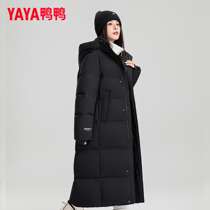 鸭鸭(YAYA)王一博同款冰壳羽绒服女长款过膝冬季新款时尚情侣男女泡芙外套HY 青光黑色 M (170)