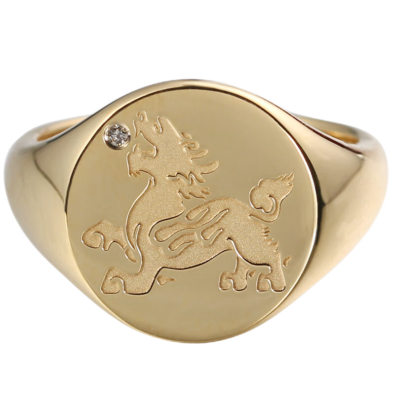 18k黄金镶嵌天然钻石男女瑞兽中式国潮复古图章徽章戒指 18k 黄金款