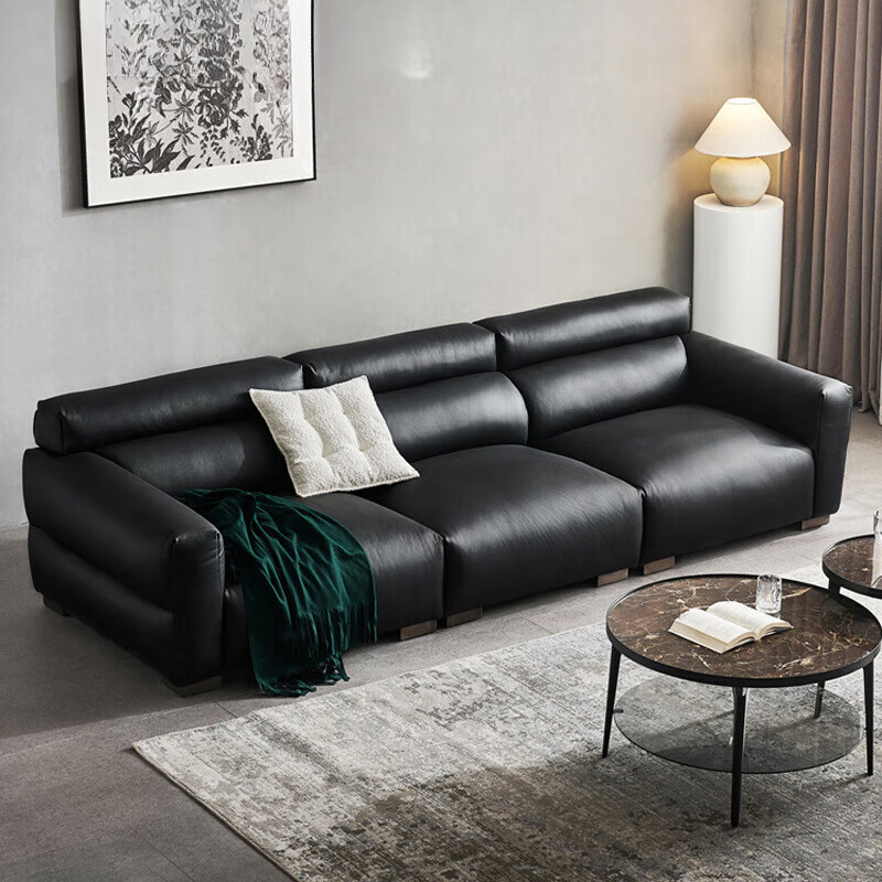 极简客厅头层牛皮沙发小户型直排三人位沙发 头层黄牛皮(颜色可定制)