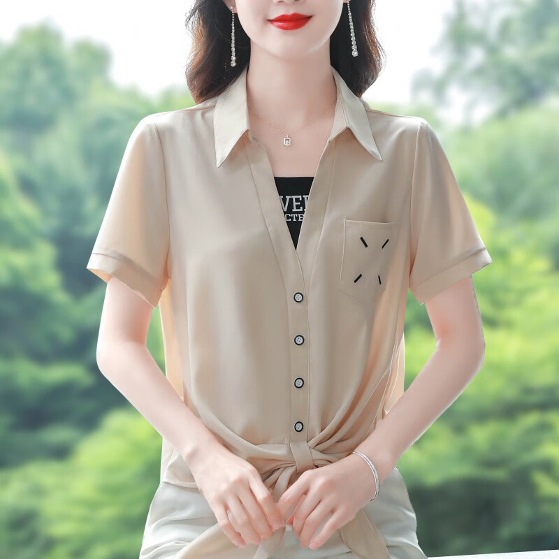 wvhk23年新款假两件短袖衬衫女装夏季小个子时尚气质宽松遮肚上衣百搭