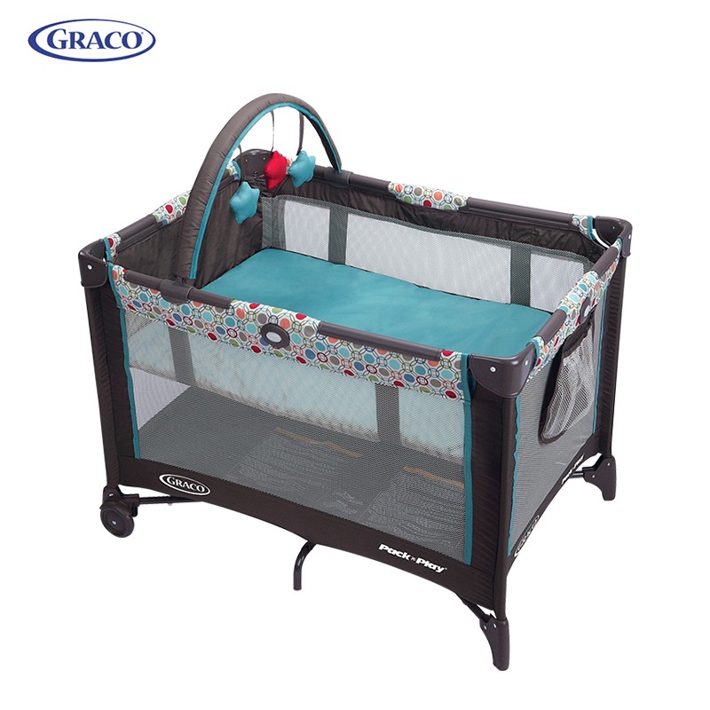 美国原版葛莱GRACO多功能婴儿床可折叠便携式宝宝游戏床 bb摇篮床 可移动室内室外睡玩一休双层床 蓝色