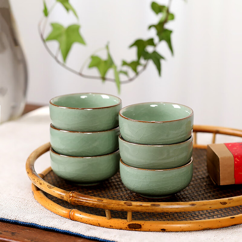 百年利永宜兴青瓷品茗杯主人杯梅茗杯小口杯功夫茶具配件泡茶杯子6只