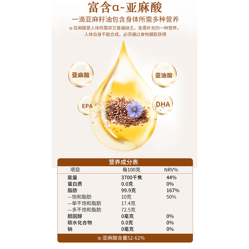 康膳源 食用油 内蒙亚麻籽油2l 冷榨一级胡麻油 高α-亚麻酸