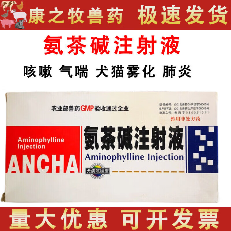 荣佳润兽药兽用氨茶碱注射液宠物犬猫狗雾化呼吸道病咳喘猫鼻支窝咳