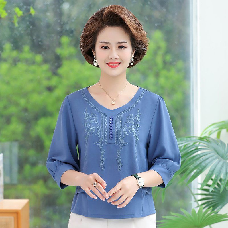 妈ma夏装t恤50岁洋气中年女装春夏薄款打底小衫新款短款上衣 湖蓝色