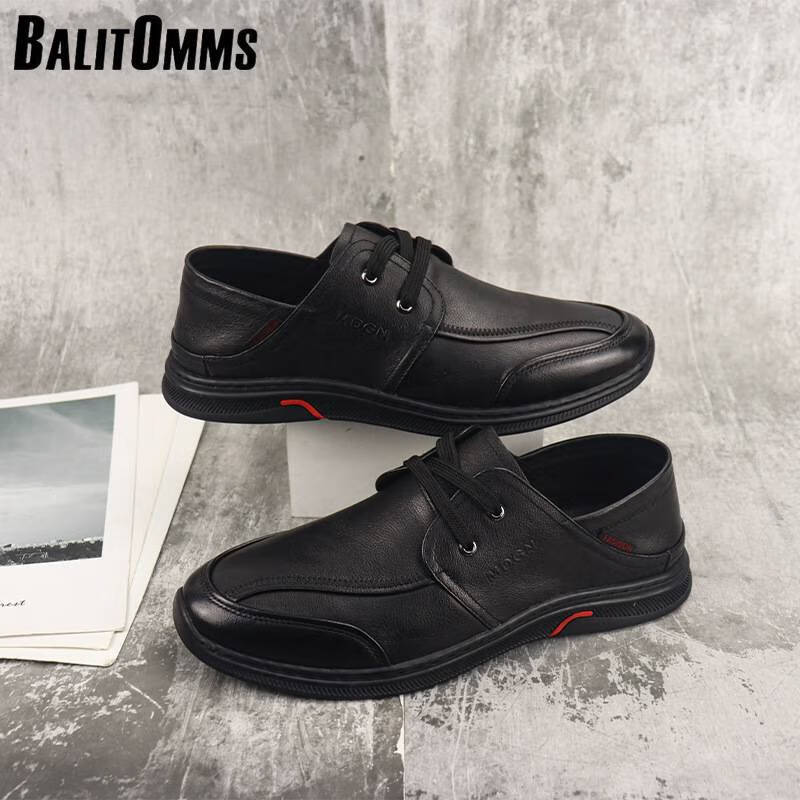 百丽驼美士牛皮男士休闲一脚蹬皮鞋夏季懒人鞋圆头休闲单鞋 系鞋带 38