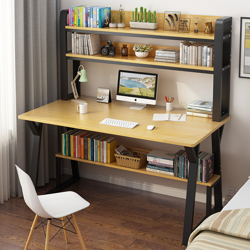 人文成家 电脑桌台式家用书桌书柜组合现代简约办公桌子学生写字桌 黄杉木色双层 140cm