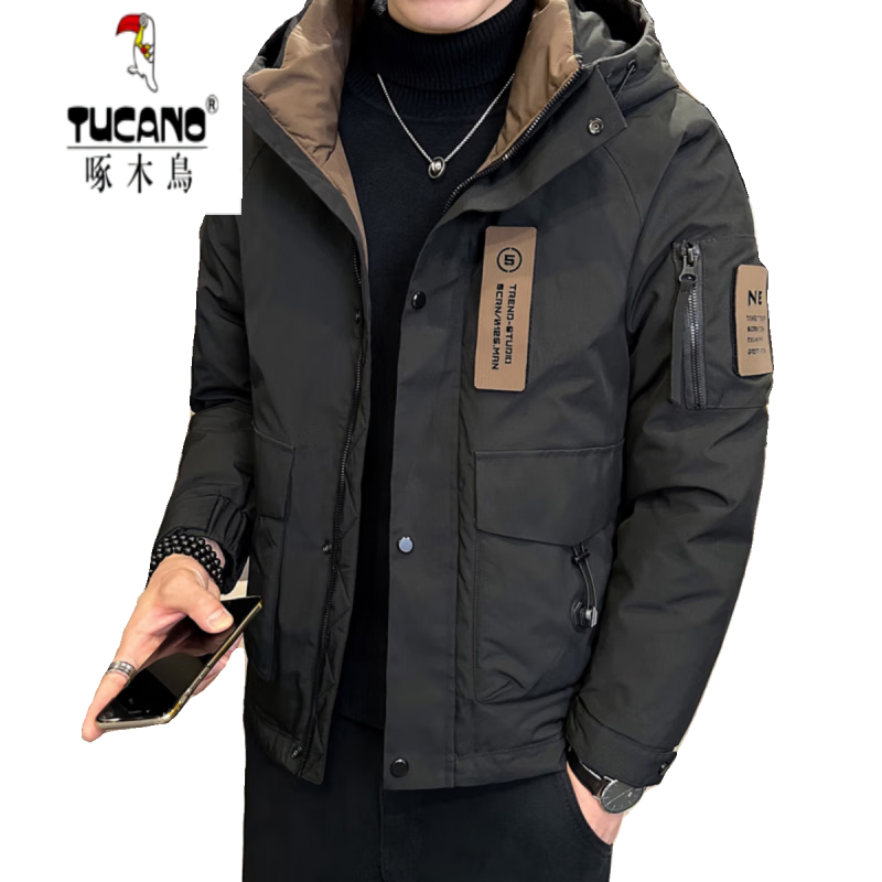 啄木鸟(TUCANO)高档东北抗寒羽绒服男2025新款冬季连帽加厚短款防寒保暖外套潮 YR2335咖啡时尚连帽款 L 【体重推荐115至130斤】