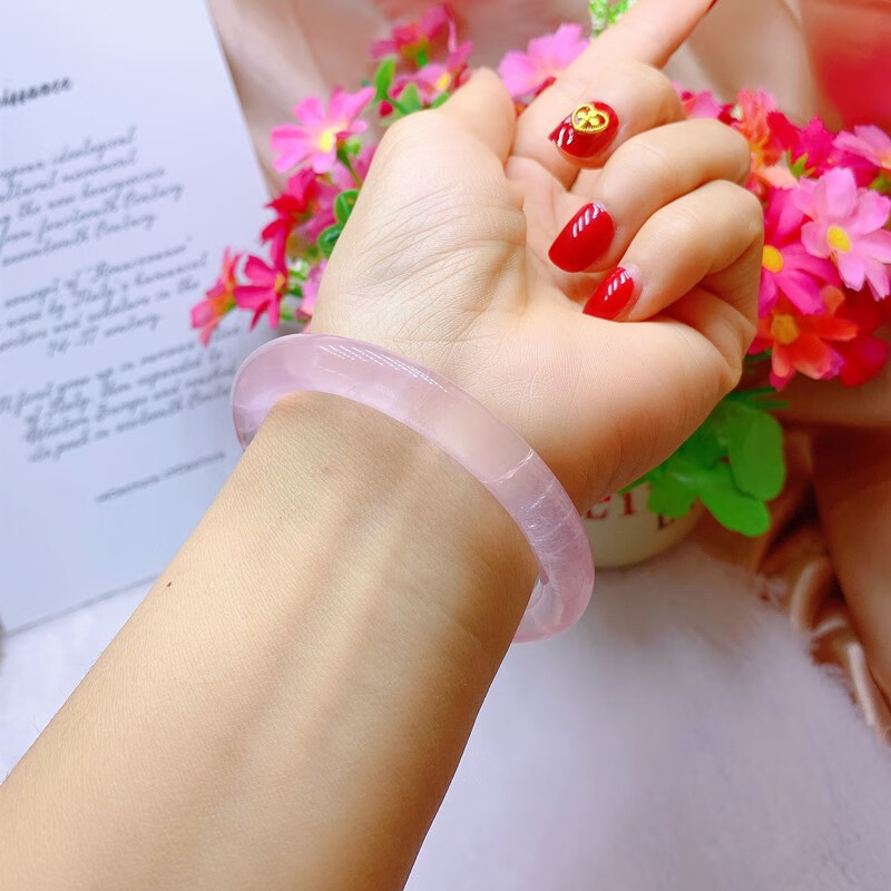 闪凤马达加斯加粉晶美人镯高冰粉晶手镯细条白水体粉水晶手镯圆条