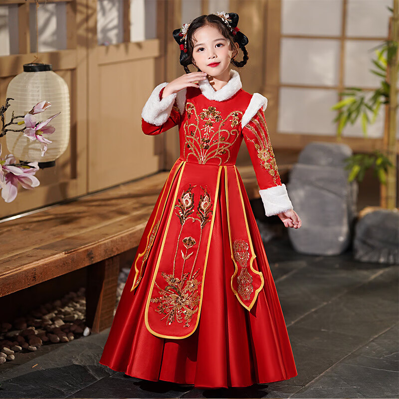 儿童古装中国风唐装套装高端珠绣古代超仙小女孩衣服加厚加绒过年服