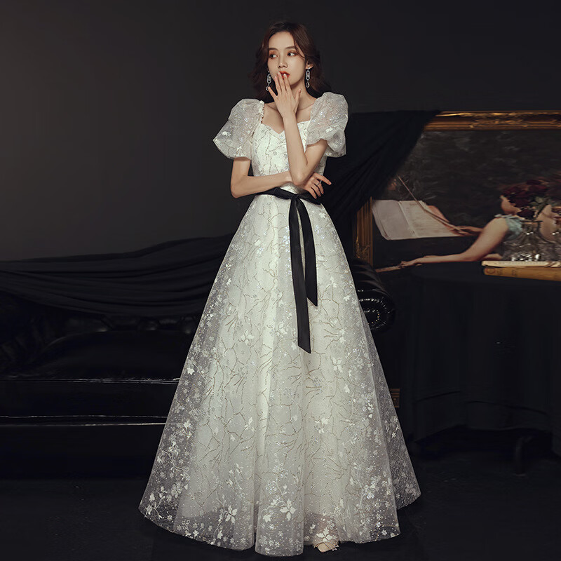 百丽驼美士 balitomms宴会晚礼服新款秋季白色法式气质长款连衣裙年会