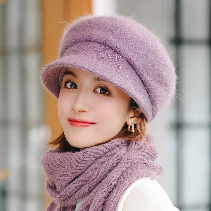 尊题(zunti)帽子女秋冬新款加厚帽子纯色八角帽兔毛针织毛线帽中老年