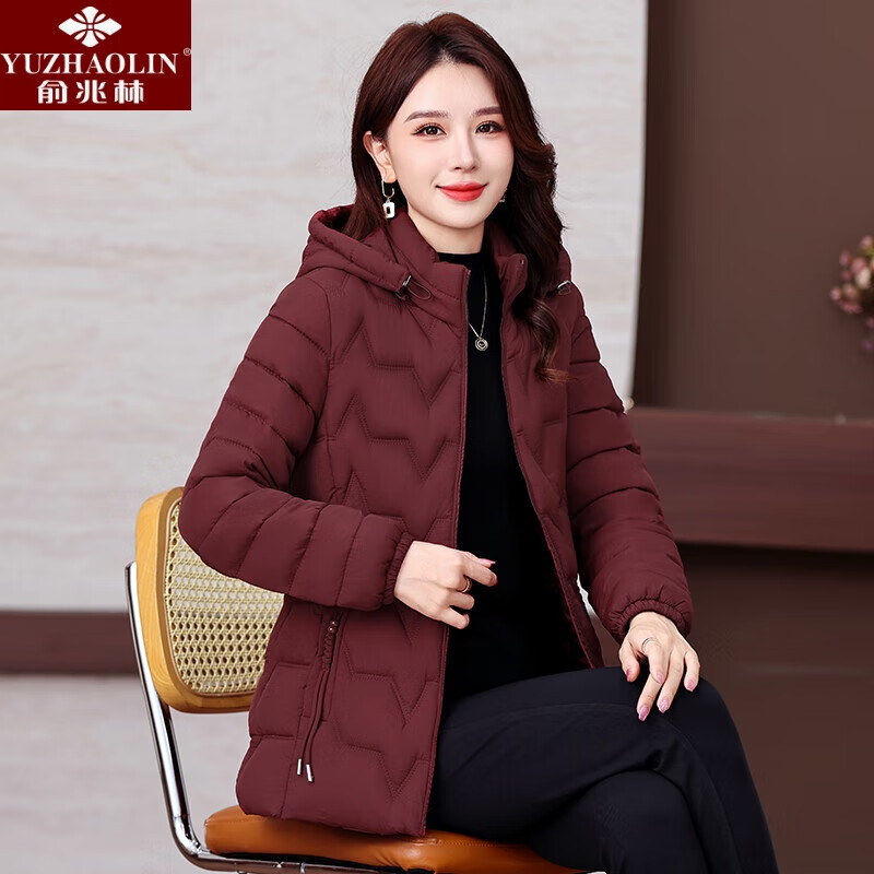 女装妈妈秋冬羽绒棉服加厚棉袄短款外套中年人洋气保暖棉衣 深红色 xl