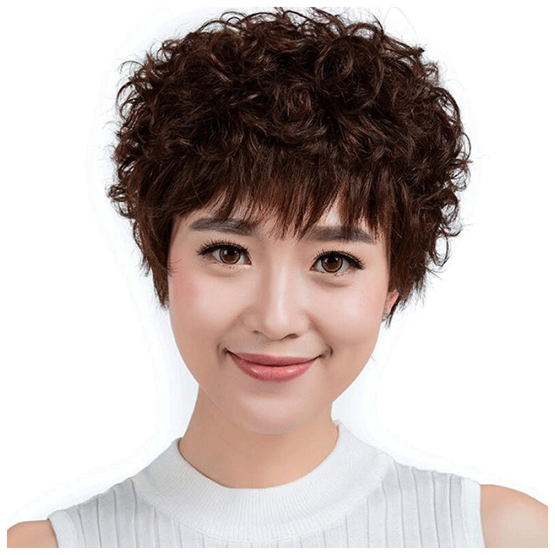 天使丝丝 烫发假发女短发纹理短卷发蓬松中老年妈妈 小卷黑((普通旋)