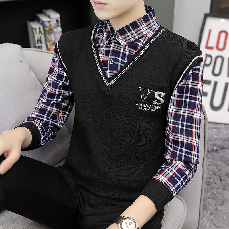 yuqiu)男士假两件衬衫秋冬季加绒加厚保暖衬衣学生青年外穿打底上衣 t