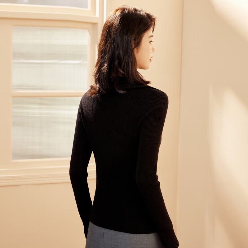 恒源祥弹力修身羊毛衫女冬季新款拉链翻领套头毛衣休闲纯色内搭针织衫女 黑色 XL /175/96A