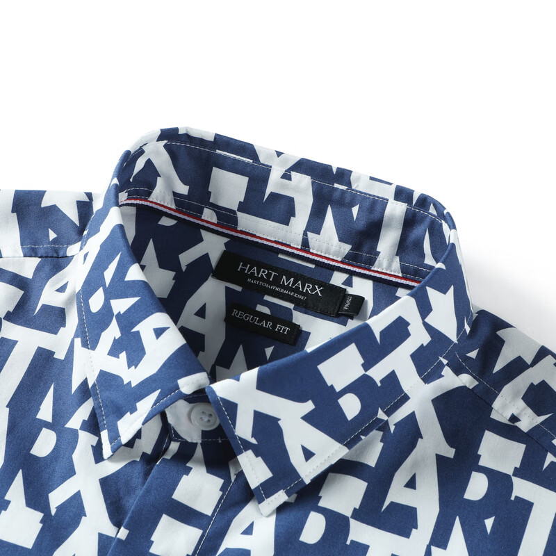 哈特马克斯免烫纯棉字母印花易打理男休闲长袖衬衫 探索蓝 M (170)