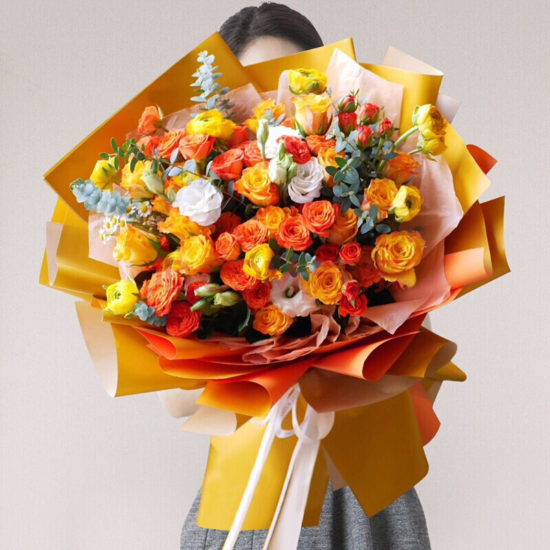 花语雅韵情人节鲜花速递同城配送橙色多头玫瑰韩式混搭花束生日礼物送