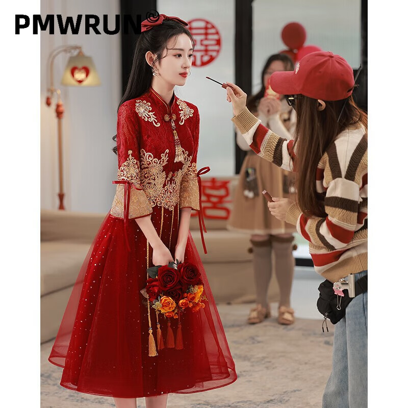 PMWRUN敬酒服新娘红色2023结婚秋冬高级感礼服裙中式秀禾服冬季长袖 酒红色中长版 3XL
