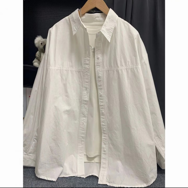 雷黛茜2024多巴胺POLO长袖文艺宽松休闲洋气别致百搭纯色衬衫上衣女 白色 S【70-95】斤