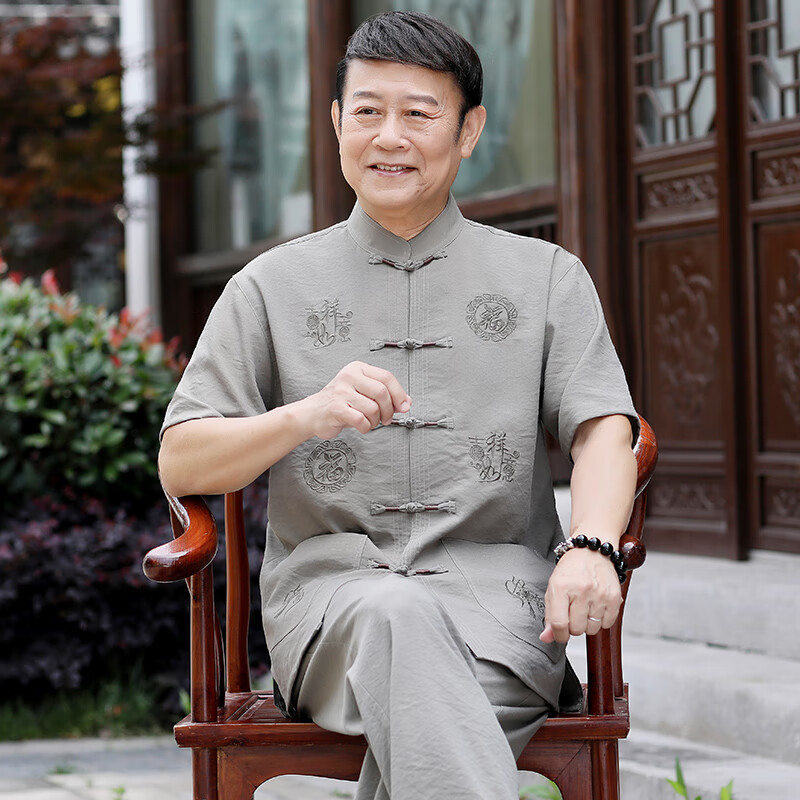 fanqi爸爸中年男40岁-55岁套装中国风唐装男中老年夏装老年人爷爷装