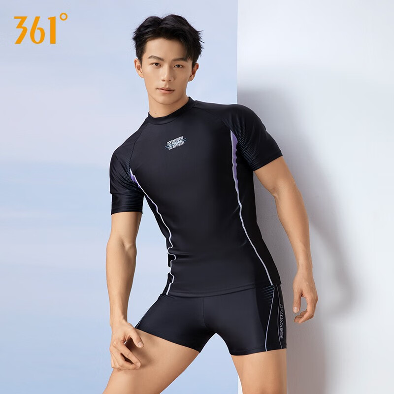 361°泳衣男士套装泳衣青少年成人男生大码游泳上衣男款泡温泉泳裤套装 黑色【单件短袖上衣】 L 身高165-175cm体重50-65kg