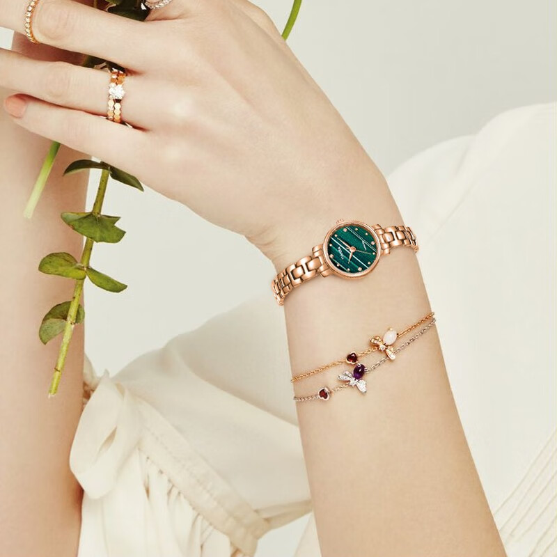 天霸石英手表女ins风小绿表轻奢时尚手链表防水女表7023 玫瑰金绿色