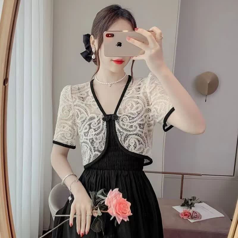 寒栩外搭开衫女夏季配长裙夏天复古中国风蕾丝小披肩气质盘扣短款外套