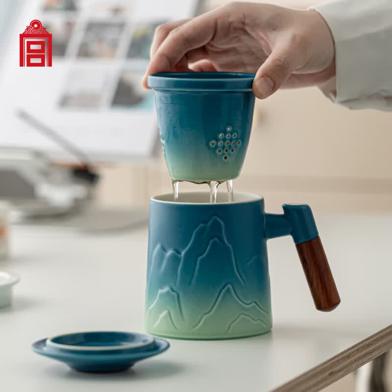 故宫文化 千里江山泡茶杯 陶瓷茶水分离杯故宫博物院文创礼品父亲节礼物 礼盒装 款二升级版450ml