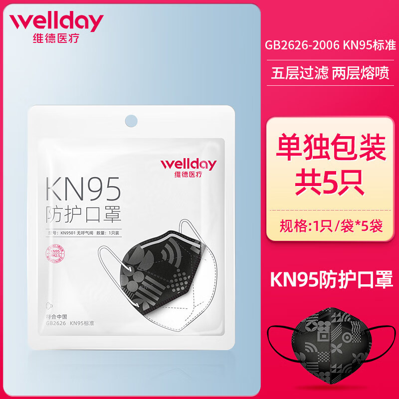 维德医疗（WELLDAY）KN95口罩一次性6层防尘透气熔喷布立体潮流独立装 独立包装5只(几何款)