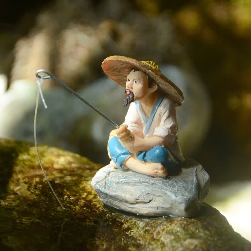微景观人物摆件创意装饰品庭院树脂假山盆景仿真桌面 斗笠钓鱼老翁