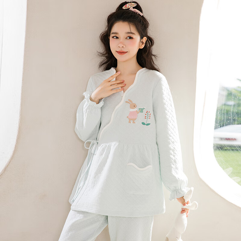 家の时光月子服秋冬12月份保暖空气棉产后孕妇哺乳睡衣冬天产妇待产家居服 (娇花小兔)海蓝 XL码 【推荐145-160斤左右】