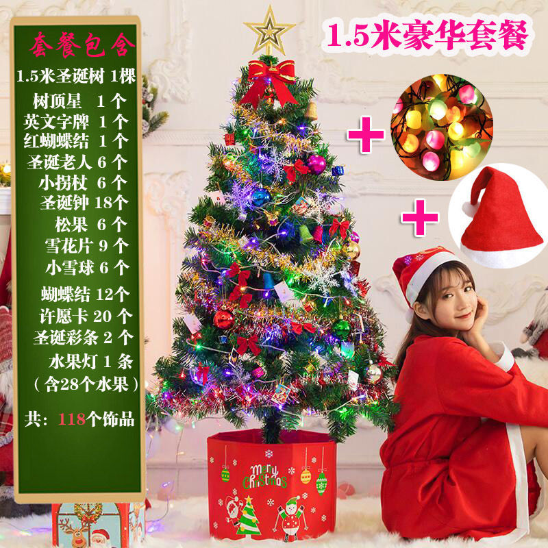 寒空 1.2米1.5米1.8米圣诞树套餐90厘米60厘米圣诞节装饰品 圣诞树家用 1.5米感en套餐+水果灯+圣诞帽