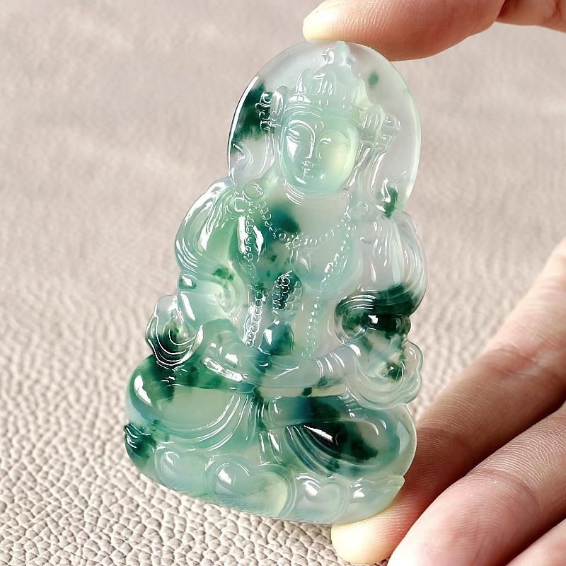 亲恒荟缅甸翡翠度母观音吊坠老坑冰种阳绿飘花玉牌项链玉石挂件玉坠男